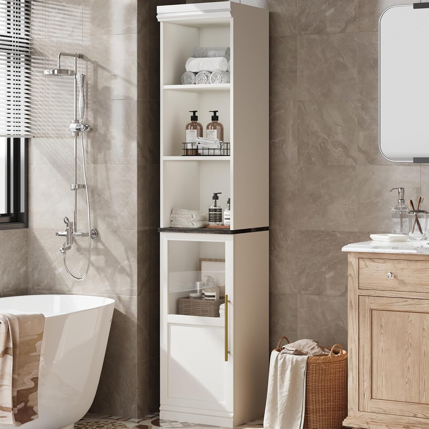 70 Inch Tall Slim Bathroom Storage Cabinet Narrow Floor Cabinet with Door Shelf
