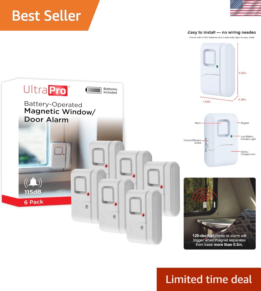 UltraPro Personal Security Window and Door Alarm, 6 Pack, DIY Protection,...