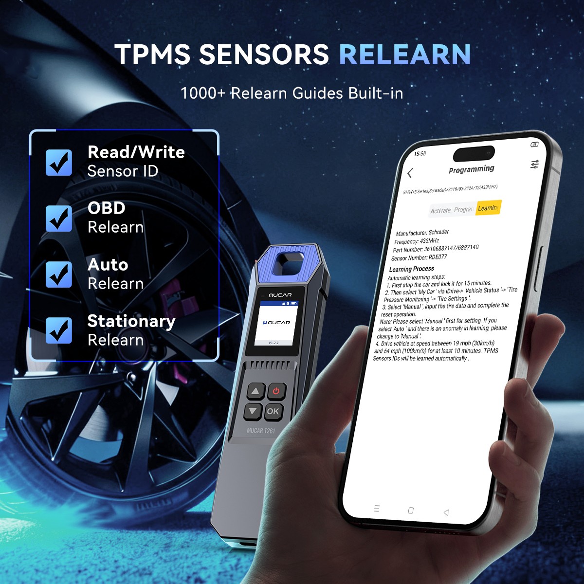 MUCAR T261 TPMS Relearning Activation Tire Pressure Sensor Programming For 892BT