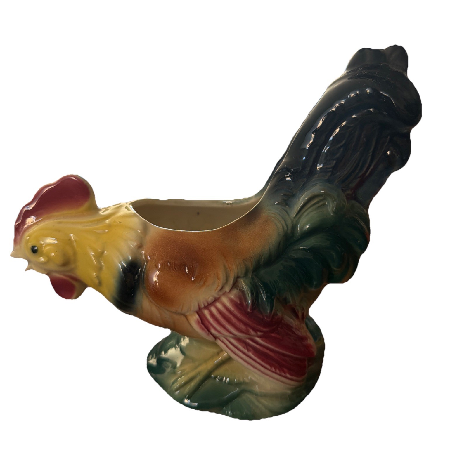 Beautiful Ceramic Multicolored Rooster Planter 7” Long X 6.5” Tall