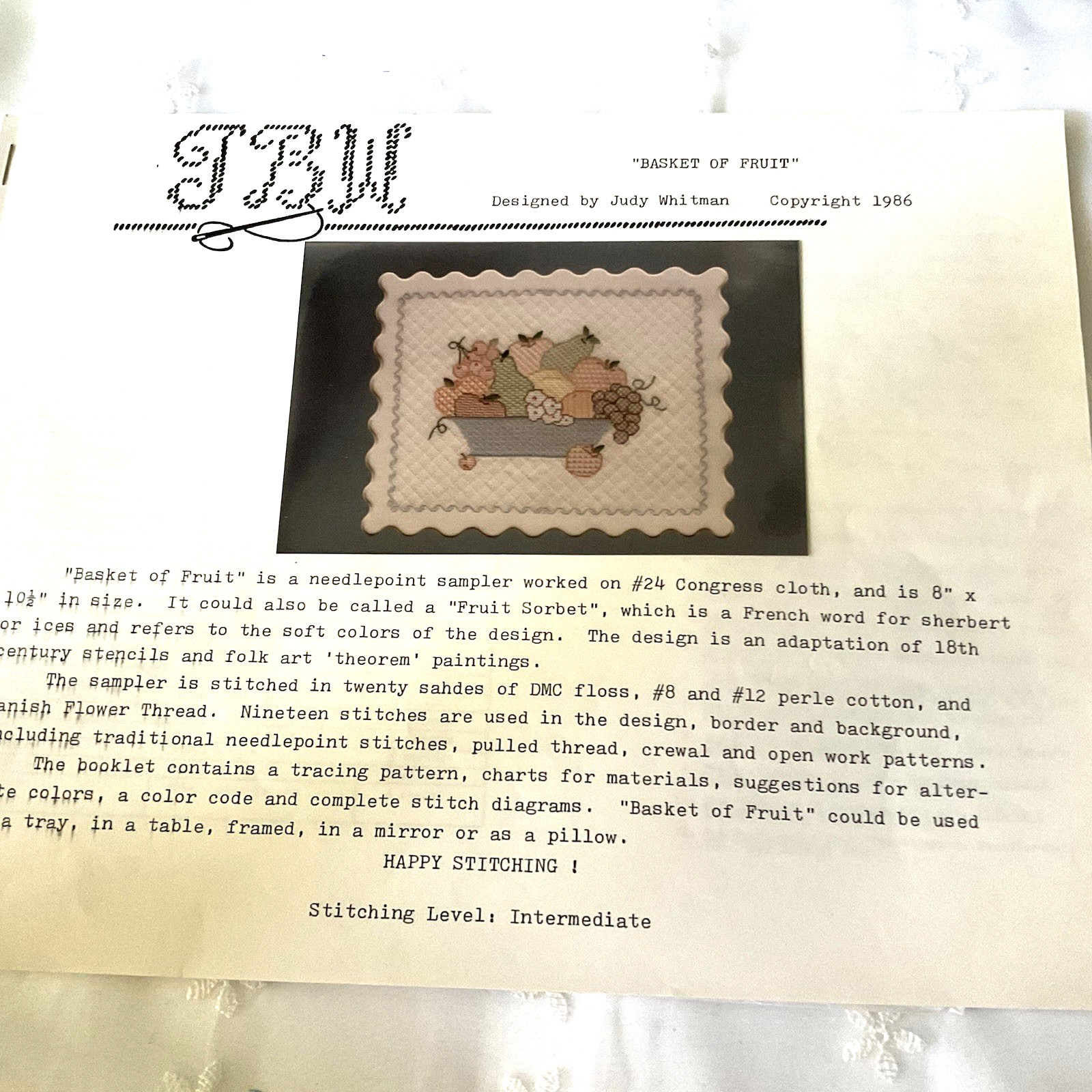 JBW Needlepoint Chart Basket of Fruit 1986 by Judy Whitman 8" x 10-1/2" New