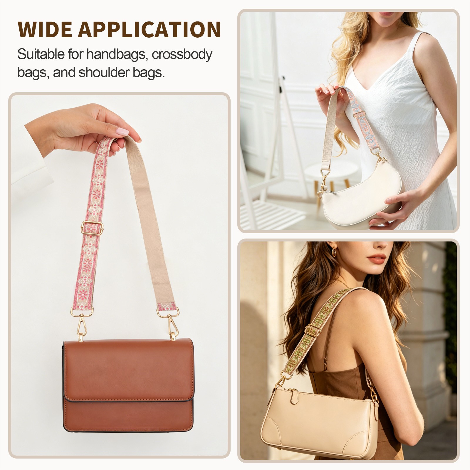 Purse Strap Replacement, Adjustable Canvas Exquisite Patterns Crossbody, Pink