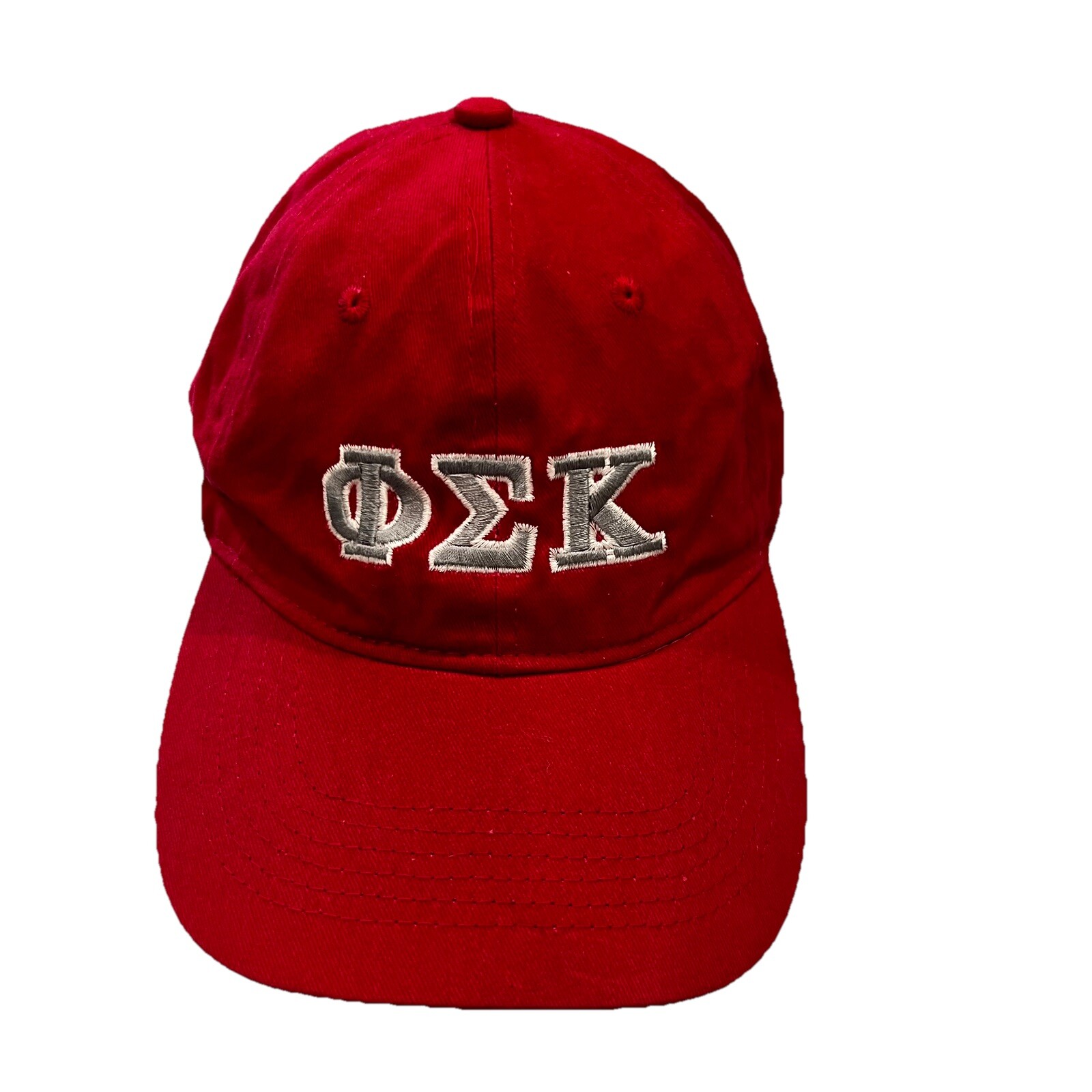 Phi Sigma Kappa Greek Symbols in Gray White on Red Hat Cap Strap Buckle EUC