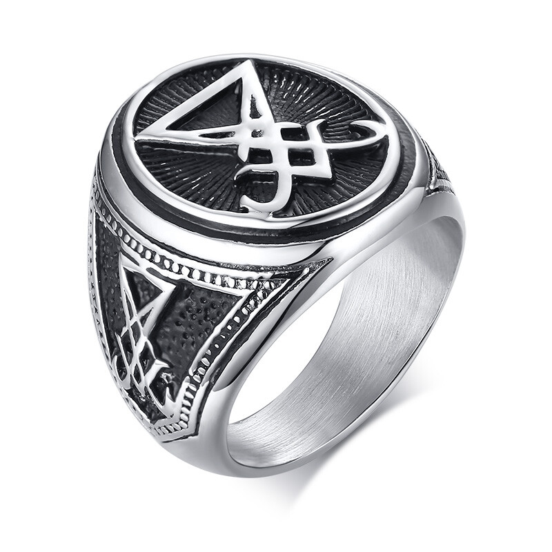 Mens Stainless Steel Ring Sigil of Lucifer Devil Seal of Satan Band Jewelry Gift