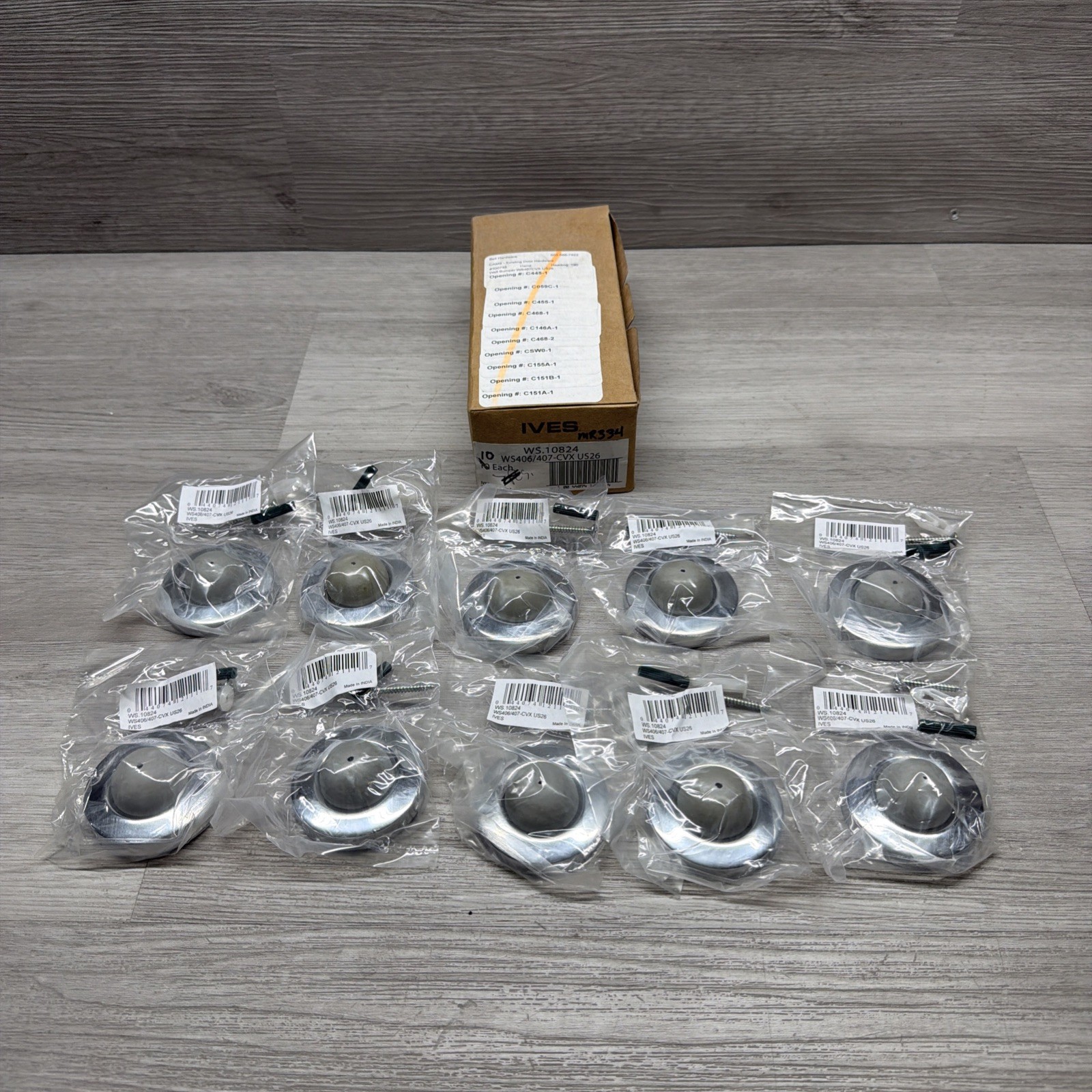Box Of 10 IVES WS.10824 WS406/407-CVX US26 Convex Wall Bumper, Bright Chrome