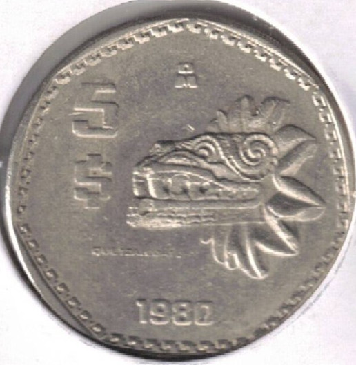 1980 Mexico Uncirculated Quetzalcoatl 5 Pesos Coin!