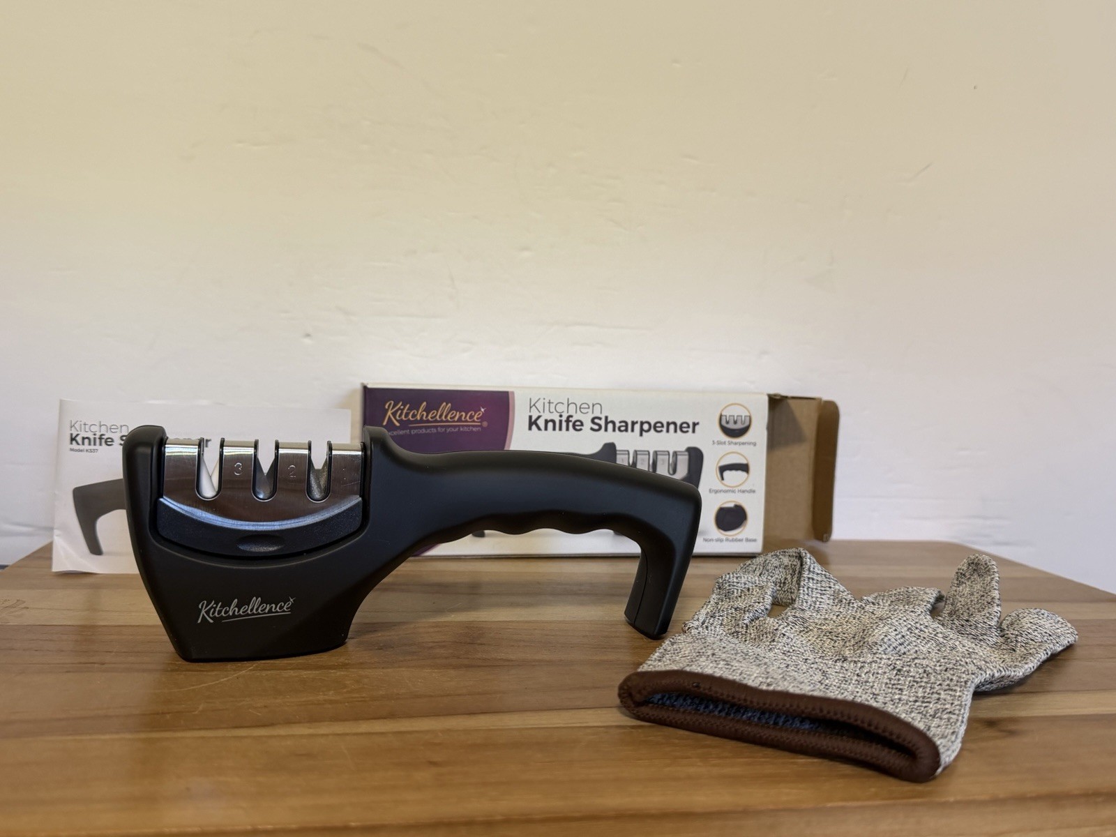 Kitchellence Kitchen 3-Stage Knife Sharpener 3-Slot Sharpening & Resistant Glove