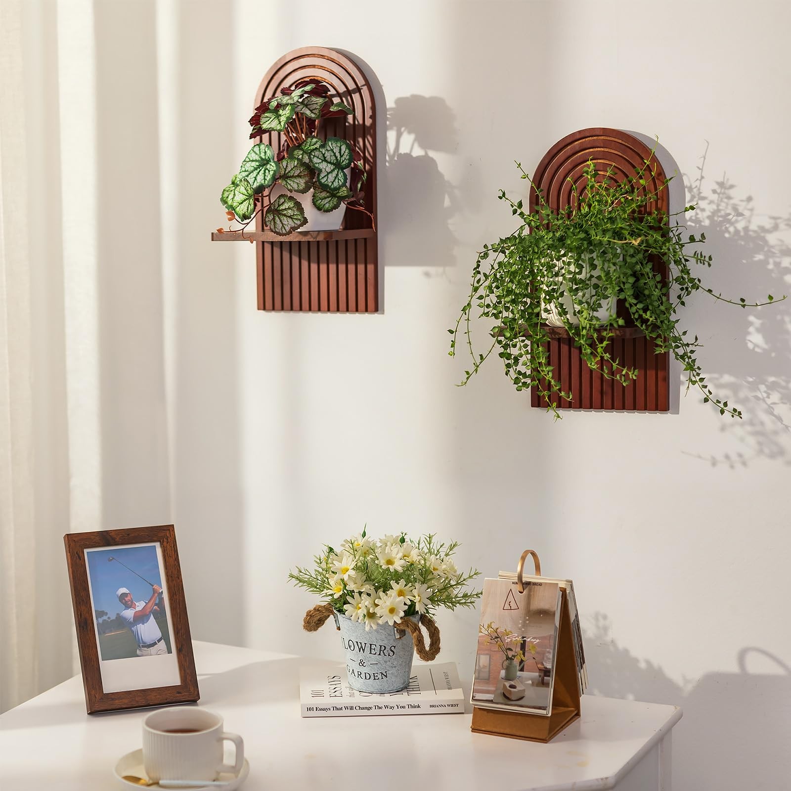 Mid Century Modern Decor: Walnut Boho Floating Shelves Arched Wall Decor for ...
