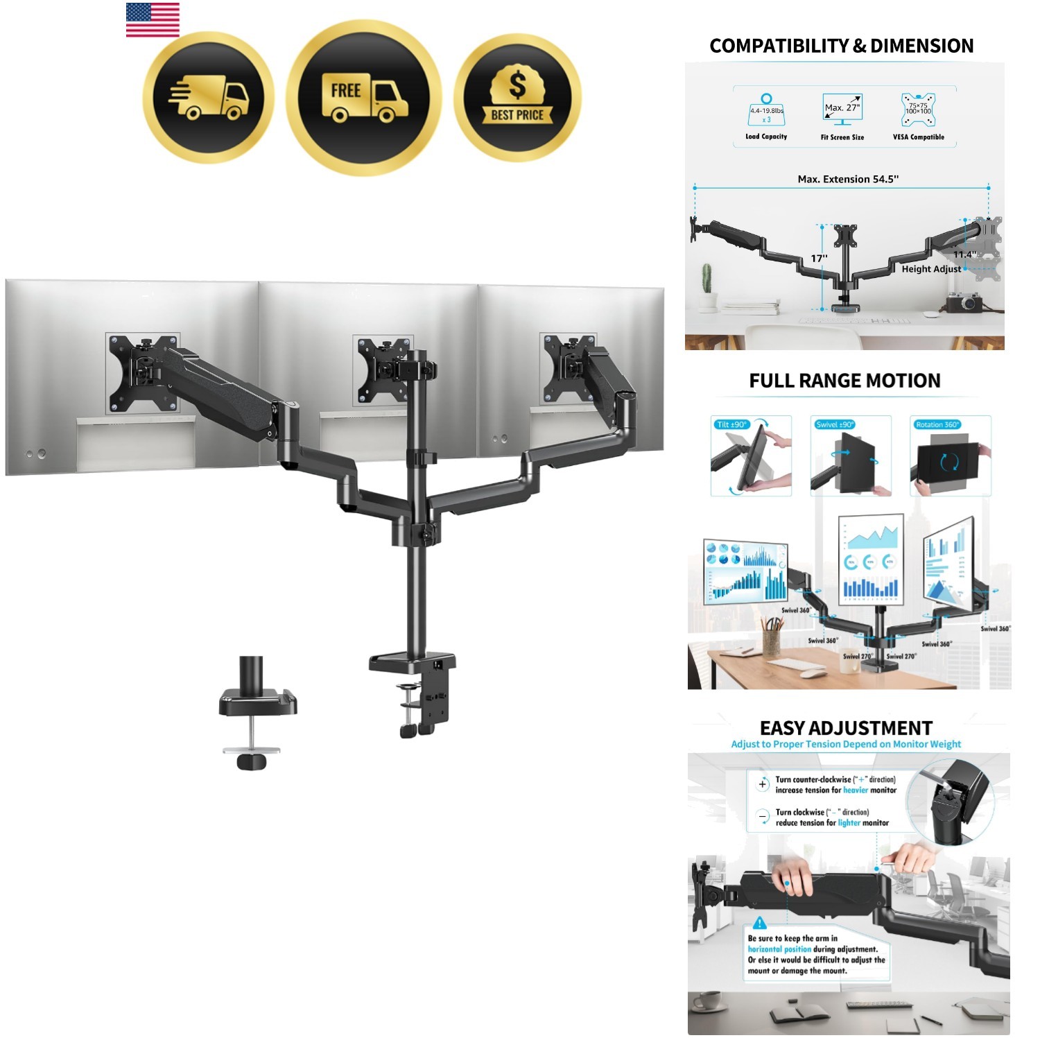 Triple Monitor Stand Mount Desk Mount for 17-27 inch Monitors Heavy Duty