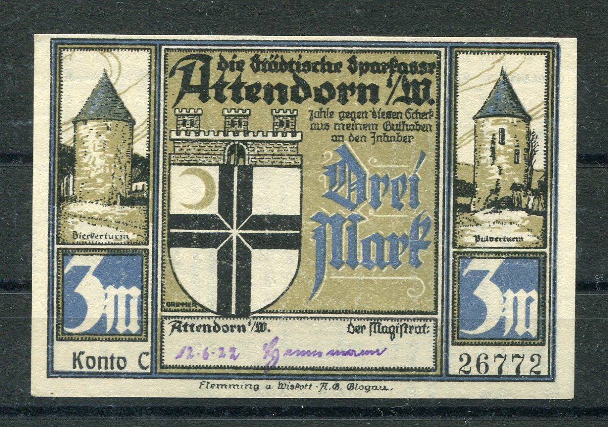 Attendorn 3 Mark VS and D Stamped Notgeld 2/15316