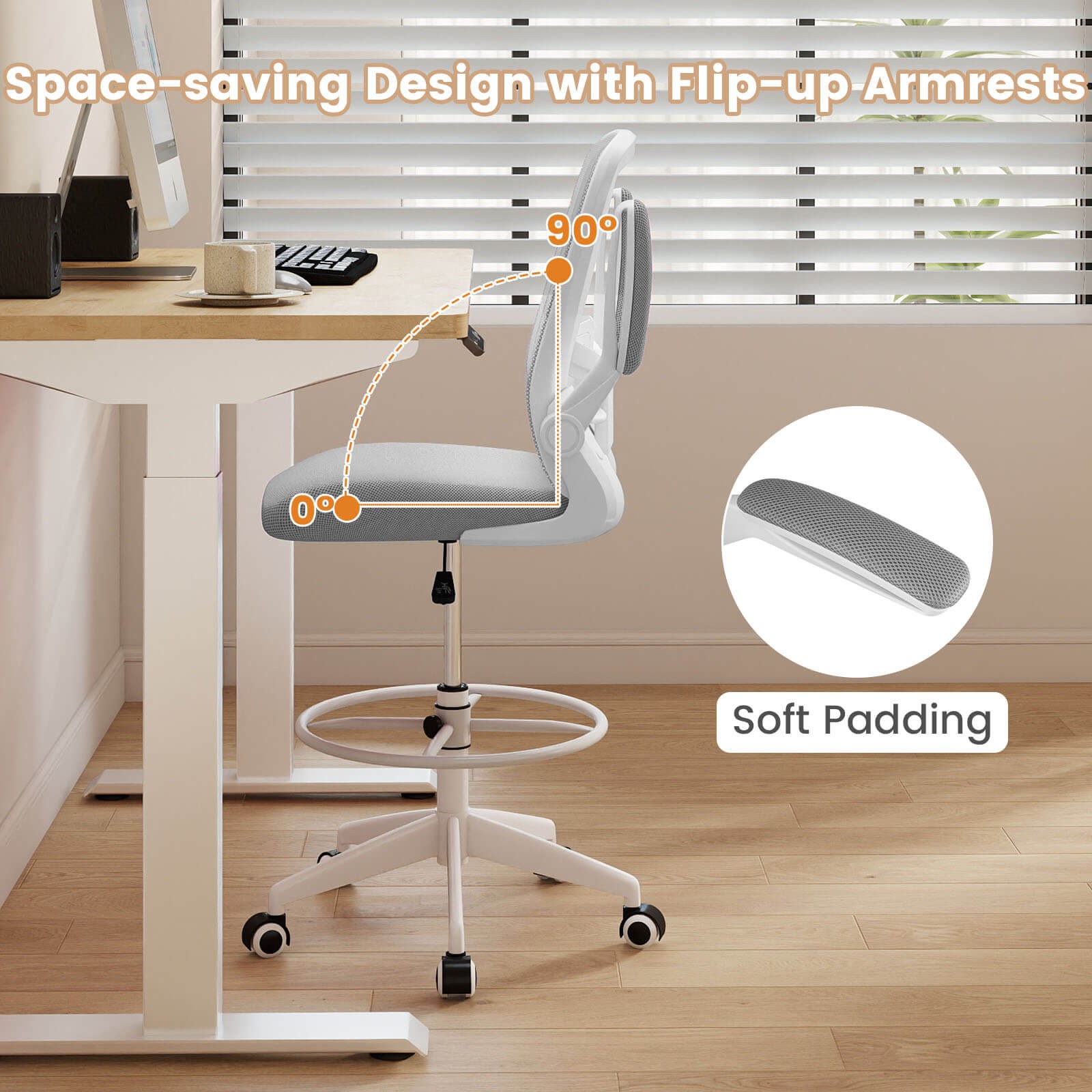 Home Office Drafting Chair w/Flip-Up Armrests Adjustable Footrest Ring for Study