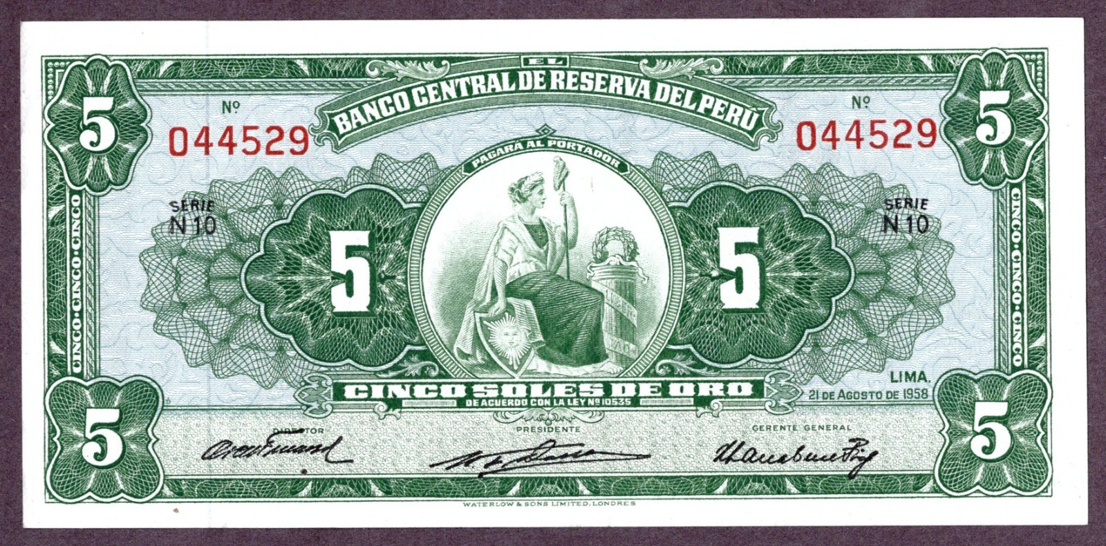 Peru 5 Soles De Oro Banknote 1958 Condition II XF+ SPL+ S/N N10/044529 P. 81