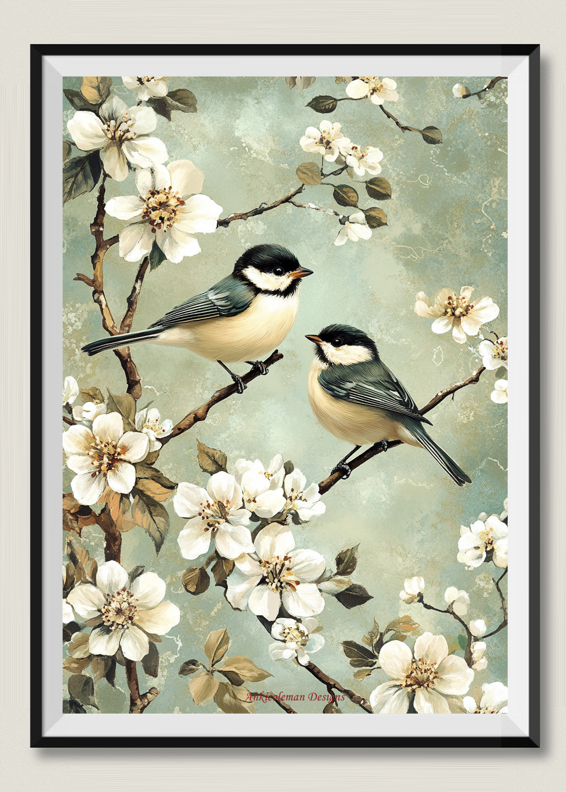 White Flowers and Chickadees - Chart Counted Cross Stitch Patterns Needlework