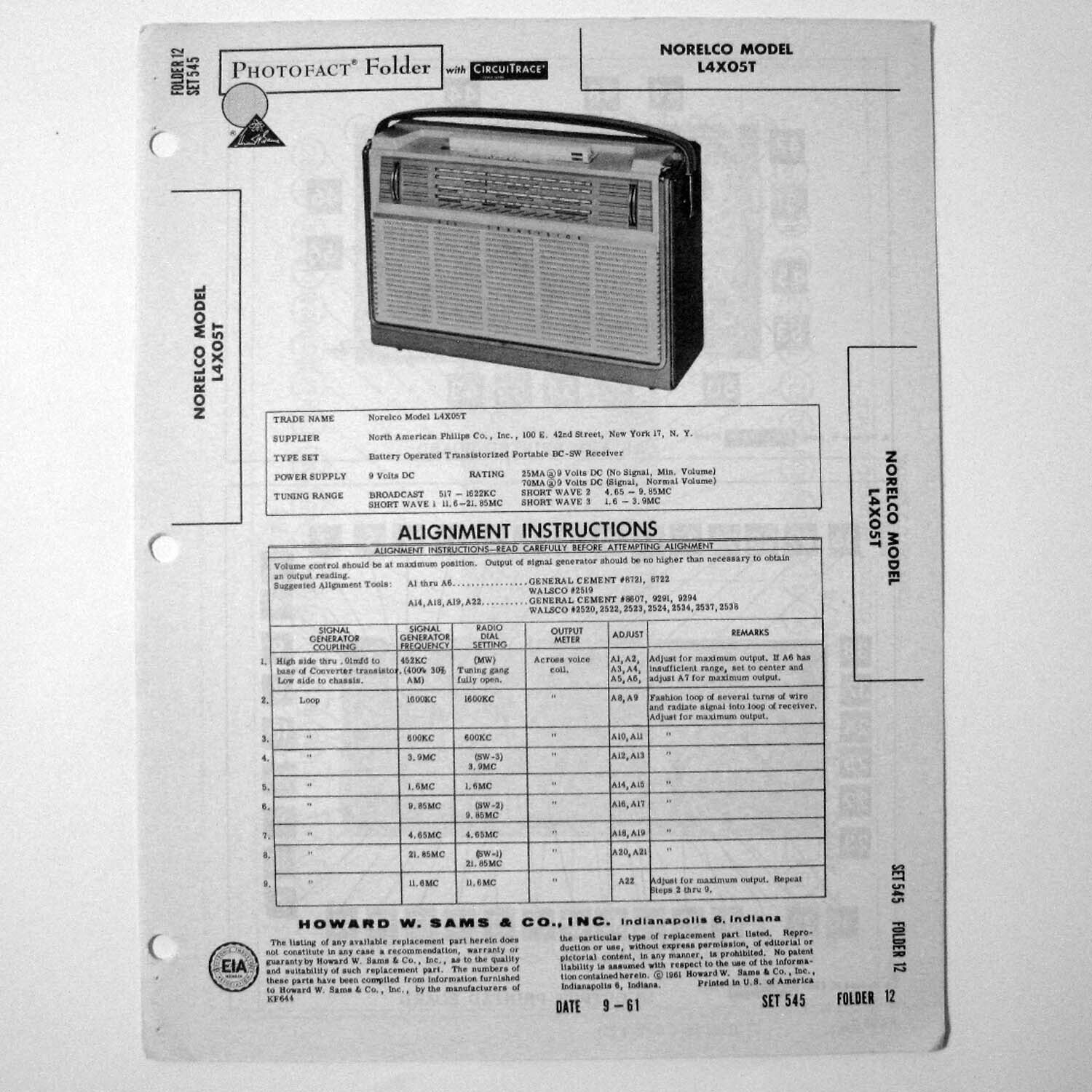 Norelco Model L4X05T AM Shortwave Radio - SAMS Photofact ™ 1961 - New NOS