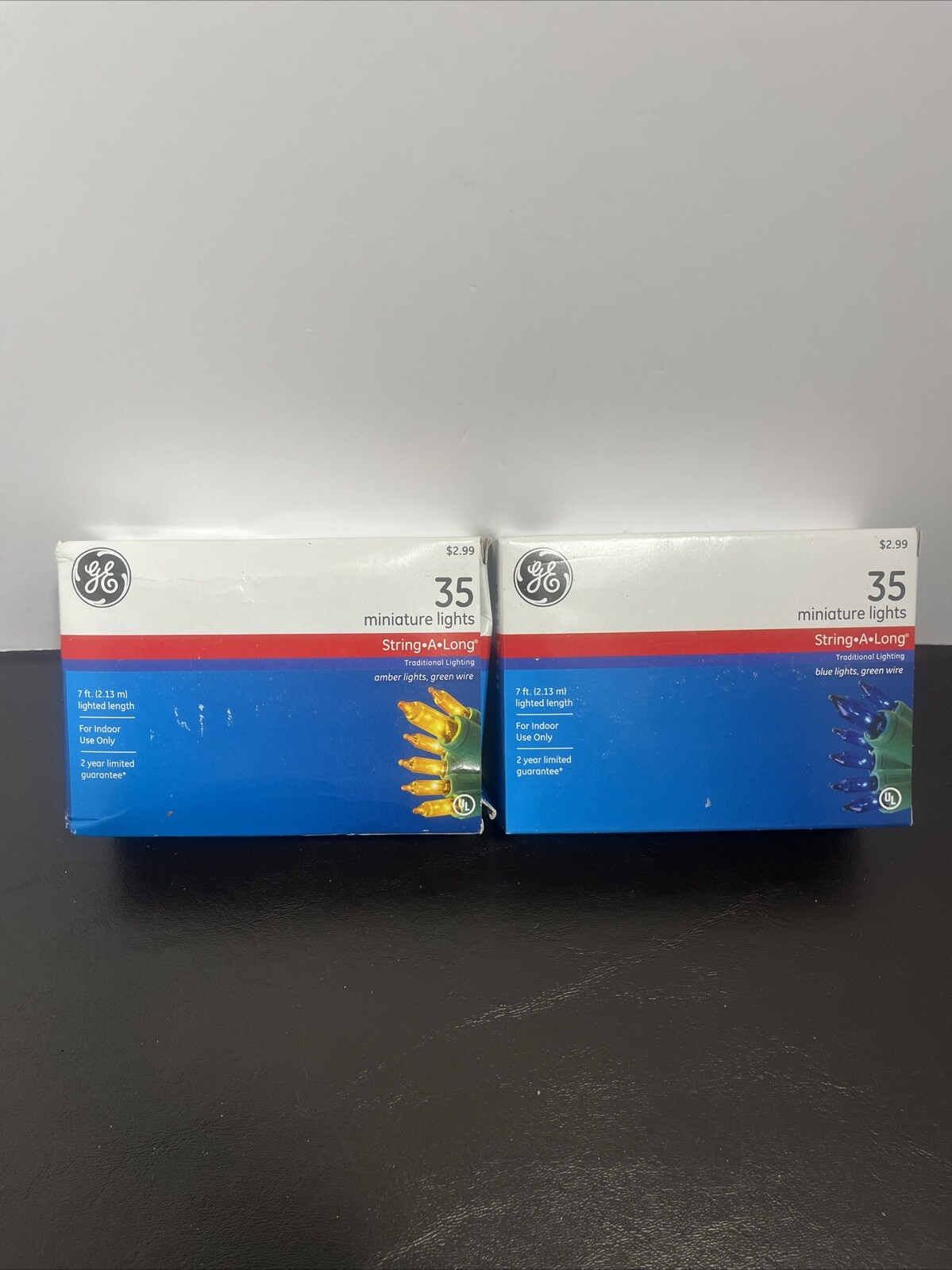 Ge String A Long 35 Minature Lights Lot Of 2 Blue Amber 7ft Long