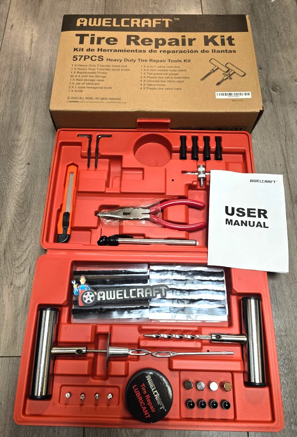 Awelcraft 57pc Heavy Duty Automotive Tire Plug Repair Tool Kit w/ Accessories