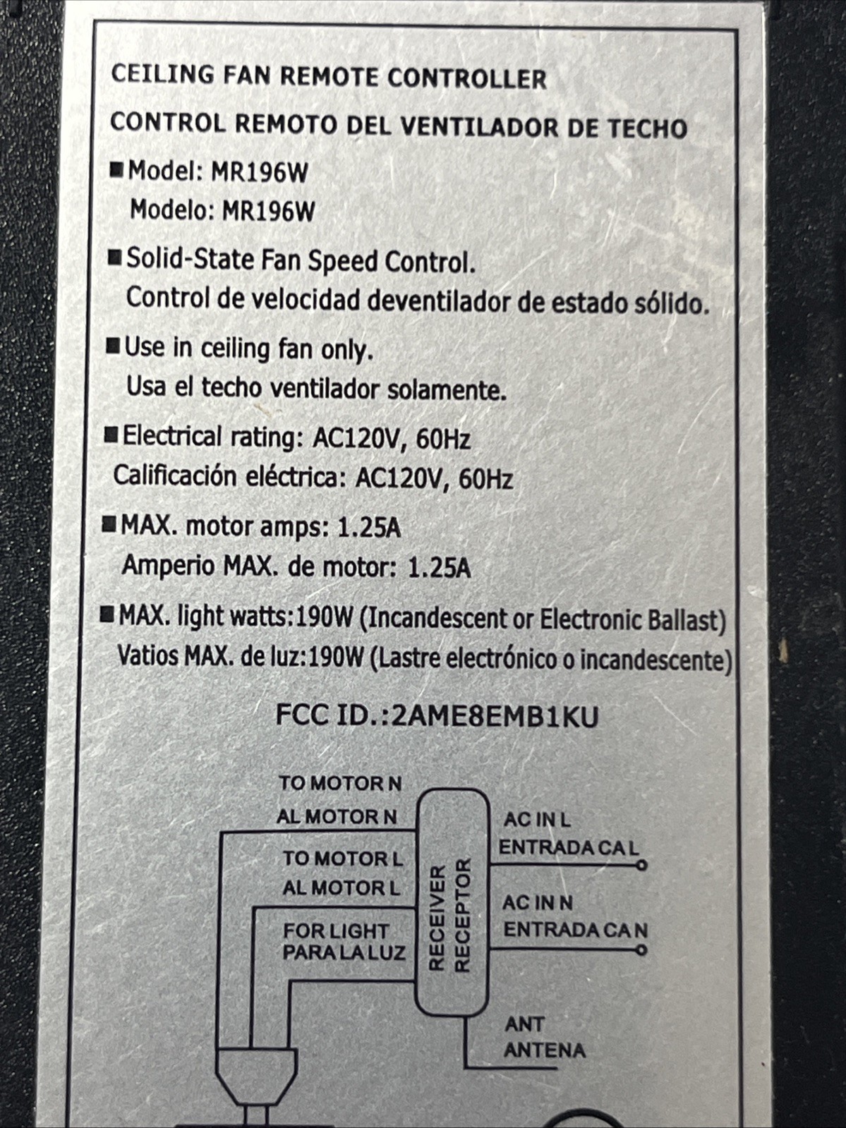 CEILING FAN REMOTE CONTROLER MODEL TZ302A