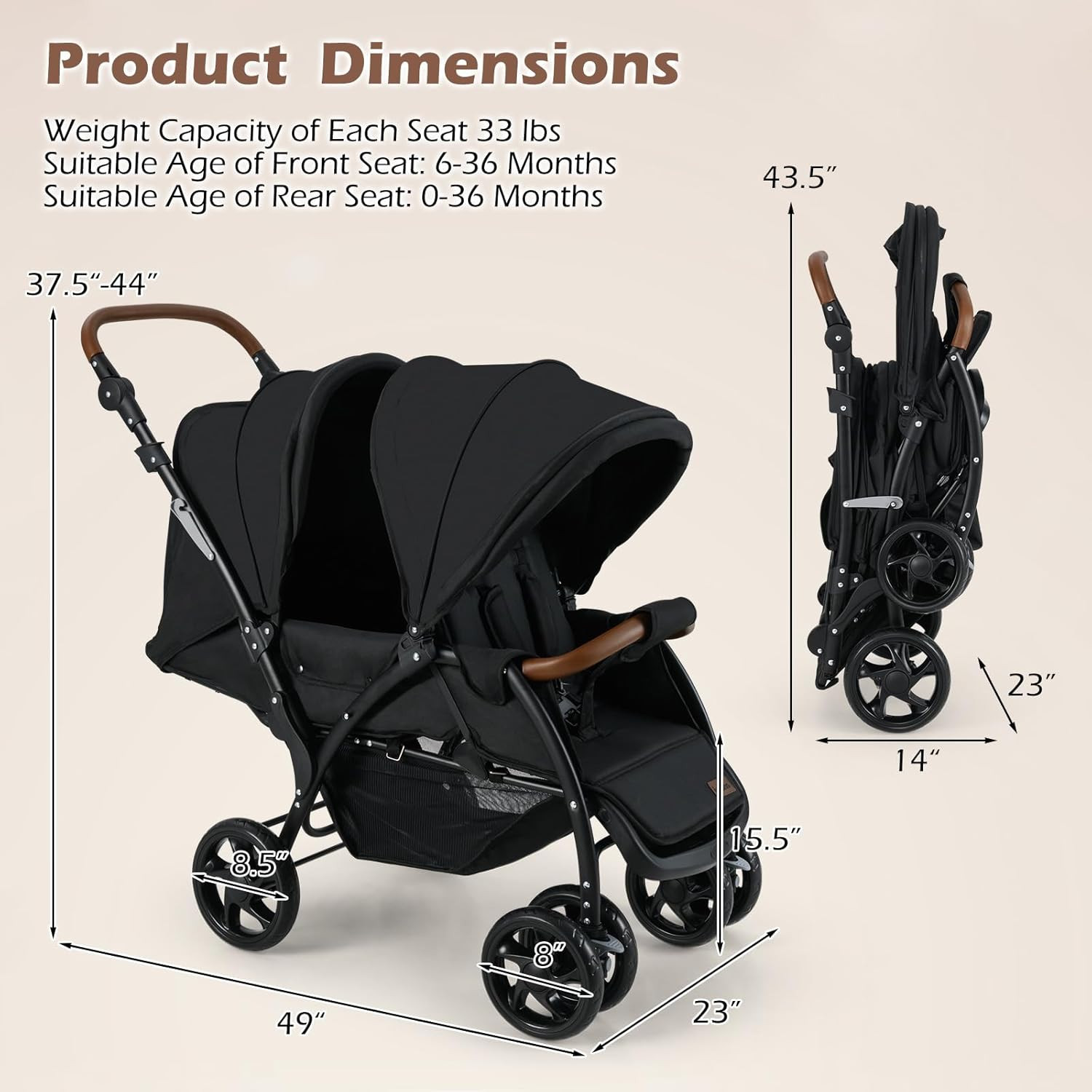 Double Stroller, Foldable Baby Tandem Stroller with Djustable Backrest Canopy Fo
