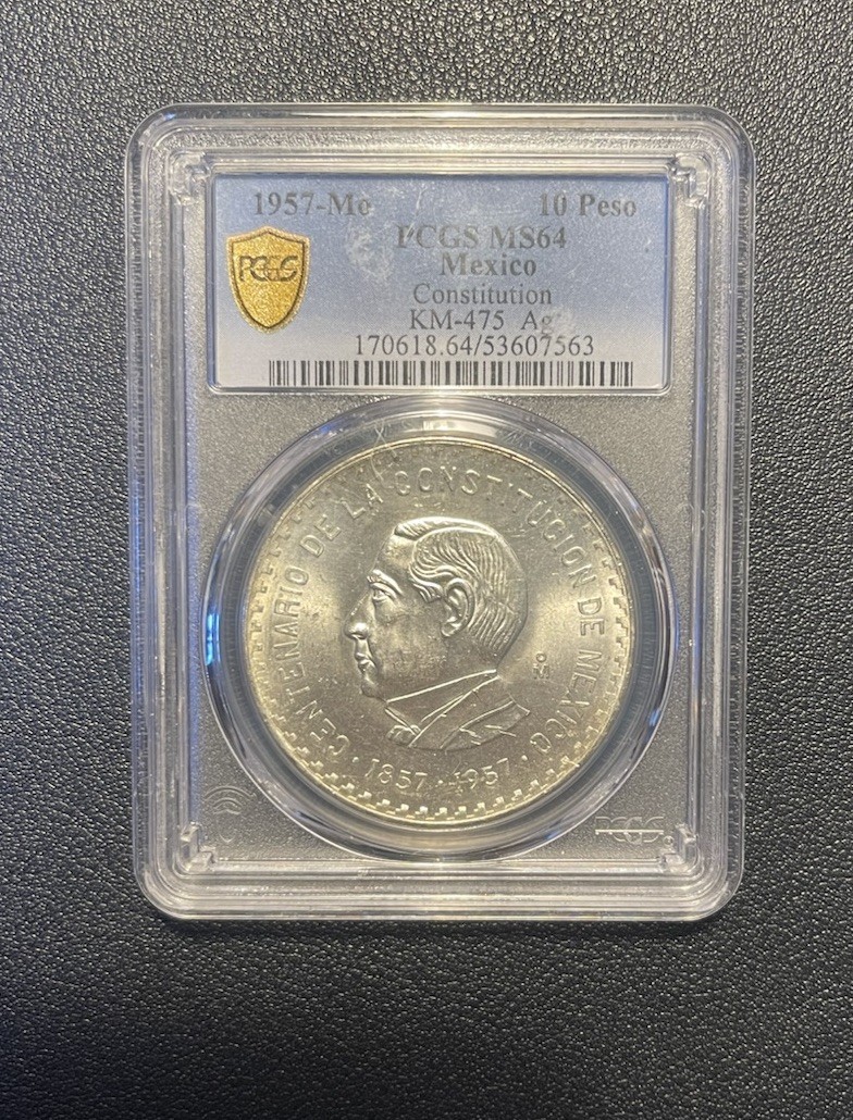 1957-Mo MEXICO REPUBLIC SILVER 10 PESOS 100 YEARS CONSTITUTION KM-475 PCGS MS64