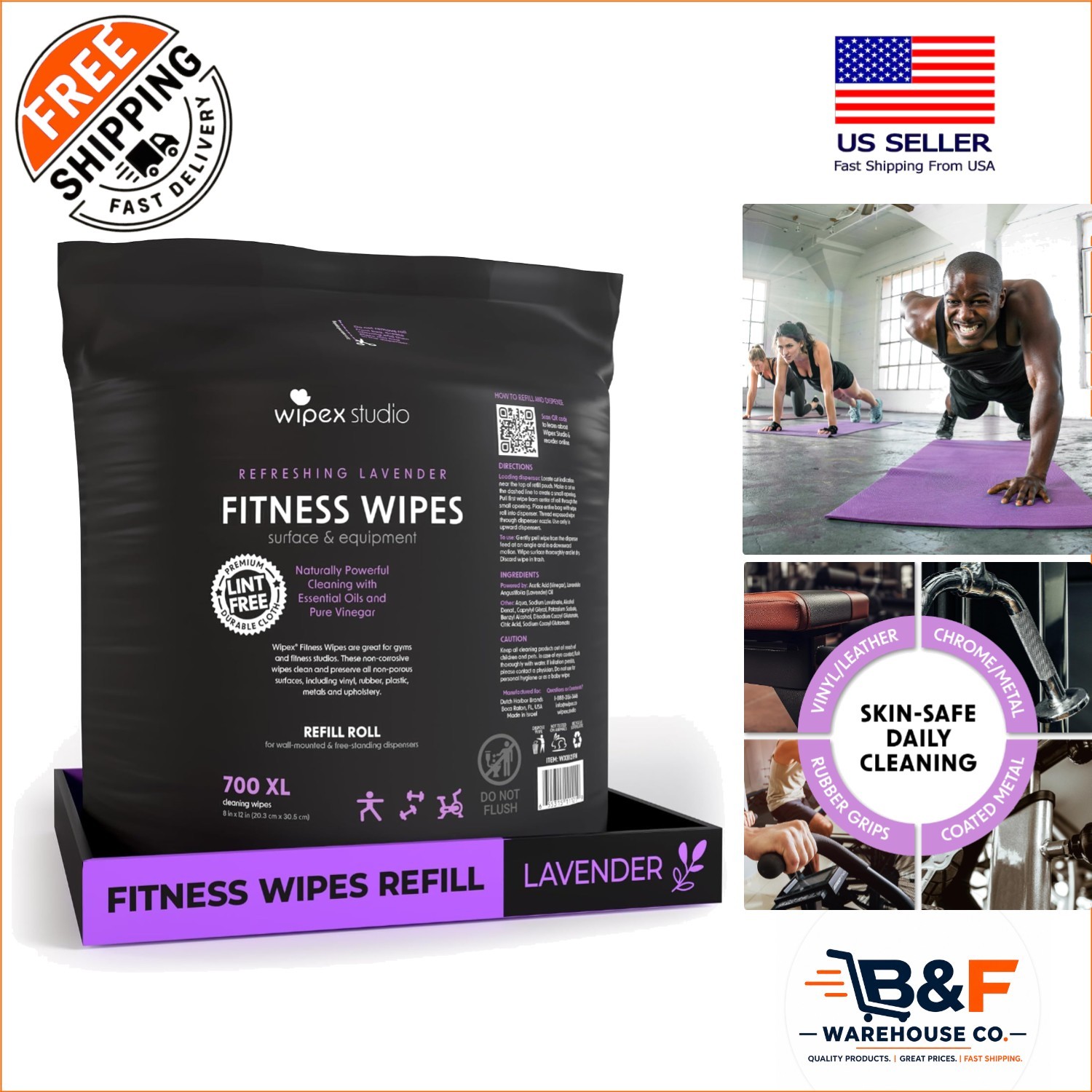 Commercial-Grade Lavender Gym Wipes - 700 Count, 8"x12" for Fitness Equipment