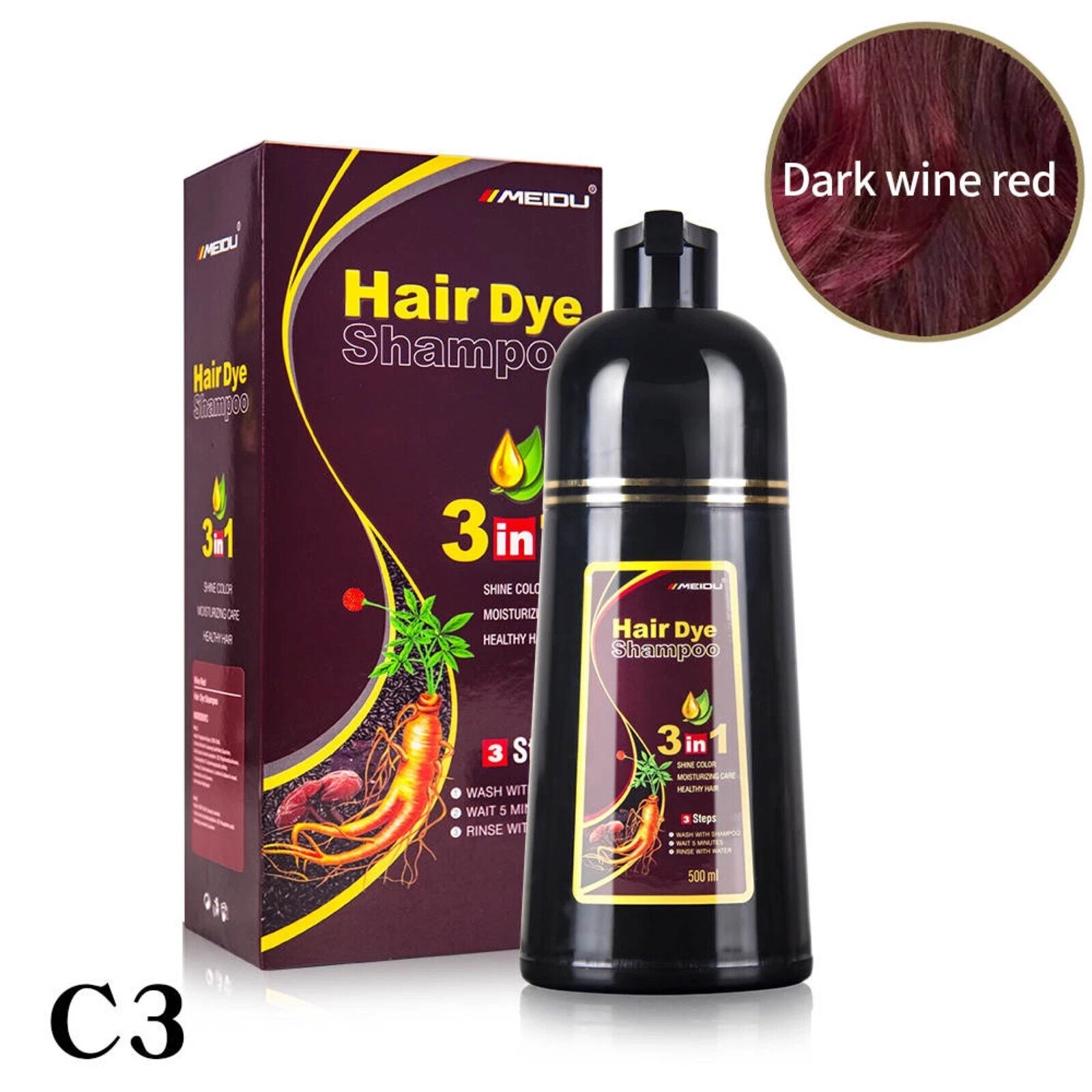 Meidu DARK WINE RED Hair Dye Shampoo — Long — Lasting 3-in-1 Hair Color 500mL