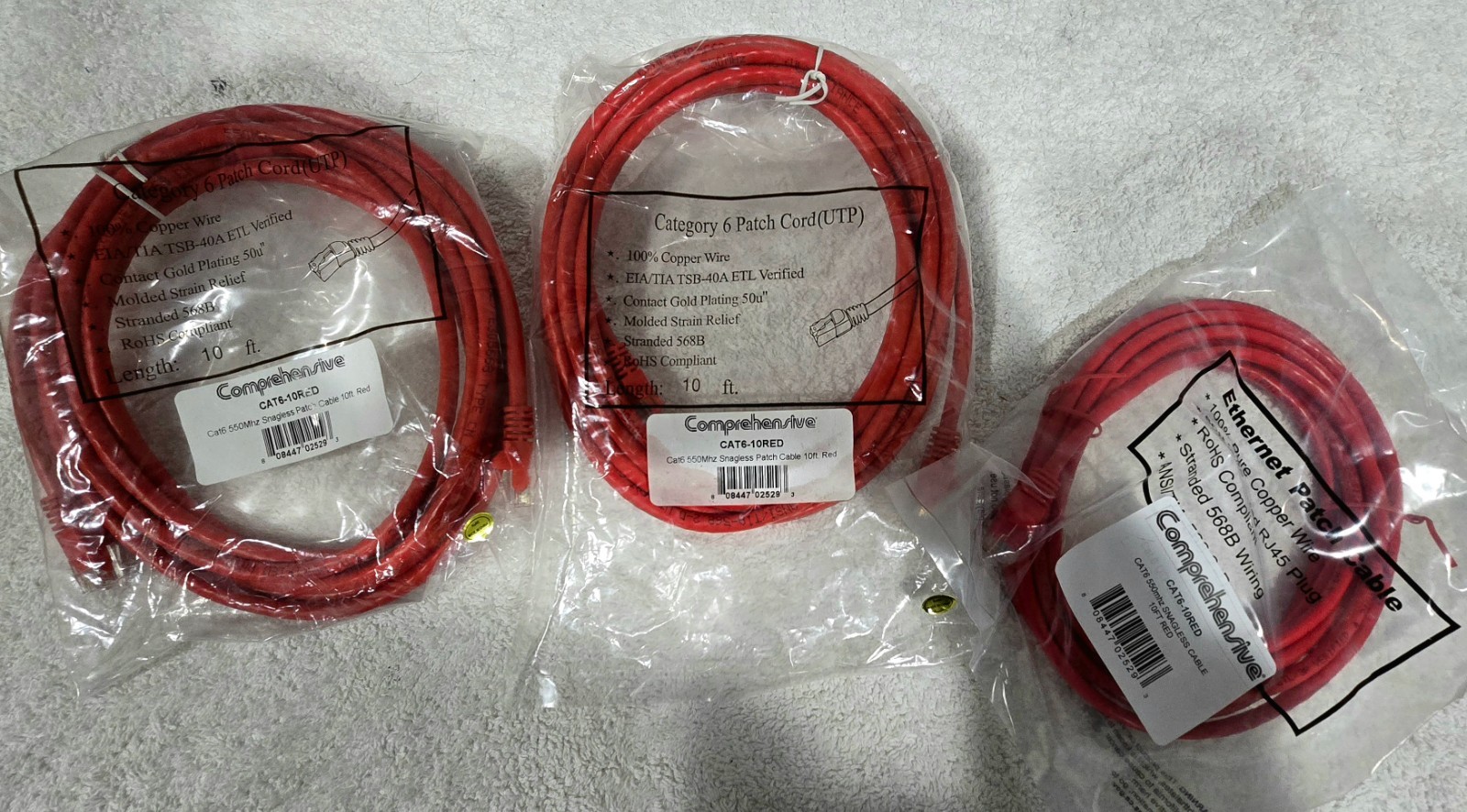 RED CAT6 CABLE. 10 FOOT.  PACK OF 3. COMPREHENSIVE CABLE CAT6-10RED BRAND NEW