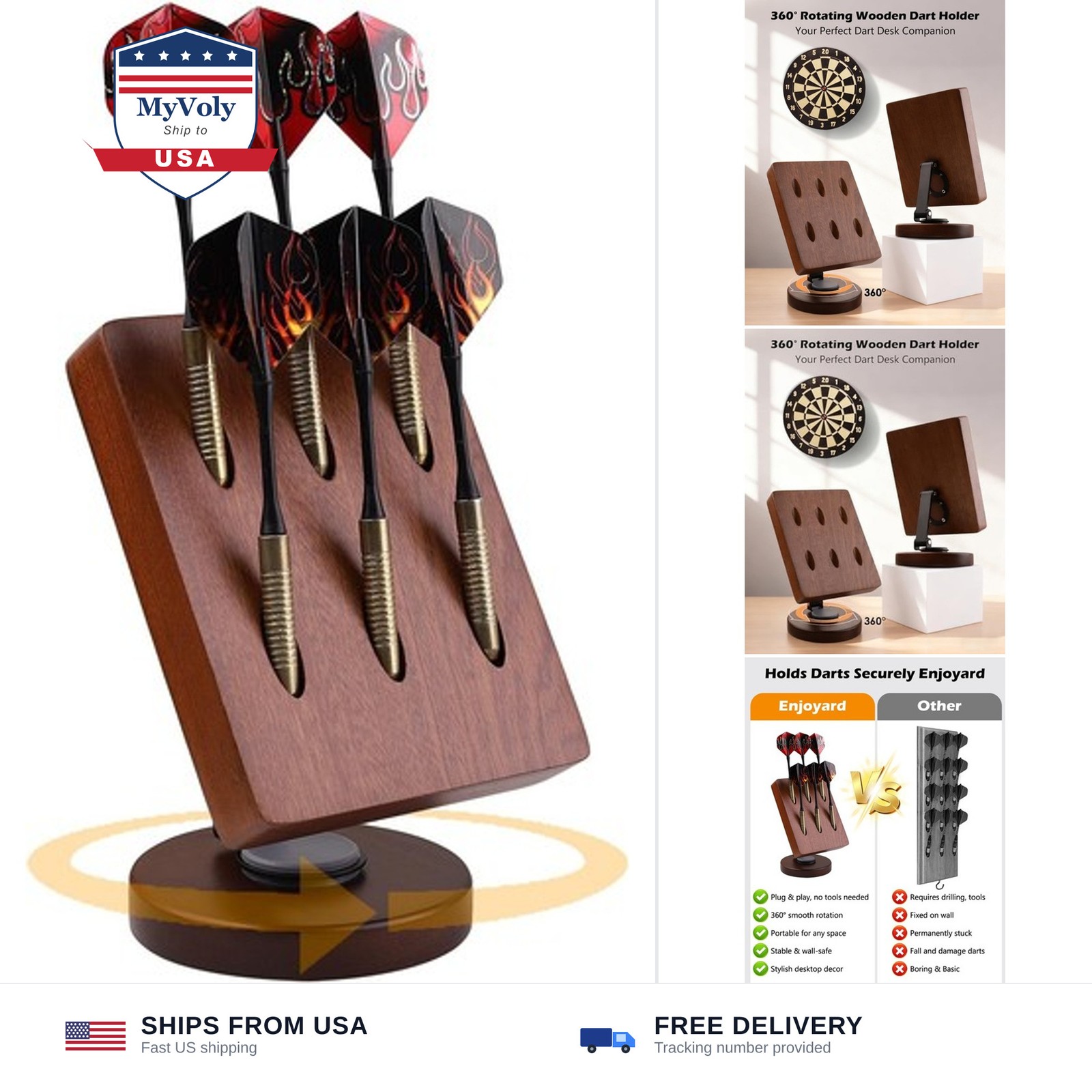 Rotating Wooden Dart Holder - Desktop Storage Stand for 6 Steel & Soft Tip Da...