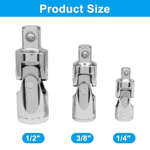 3 Pcs Universal Joint Socket Set, Ball Spring Design, 1/4", 3/8", 1/2" Chrome