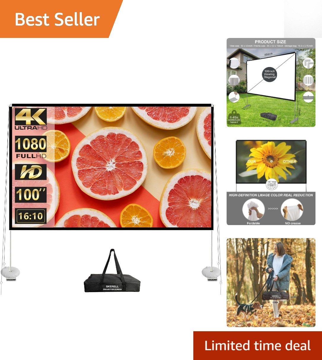 100 Inch Outdoor Projector Screen 4K HD with Portable Carry Bag for Outdoor Fun