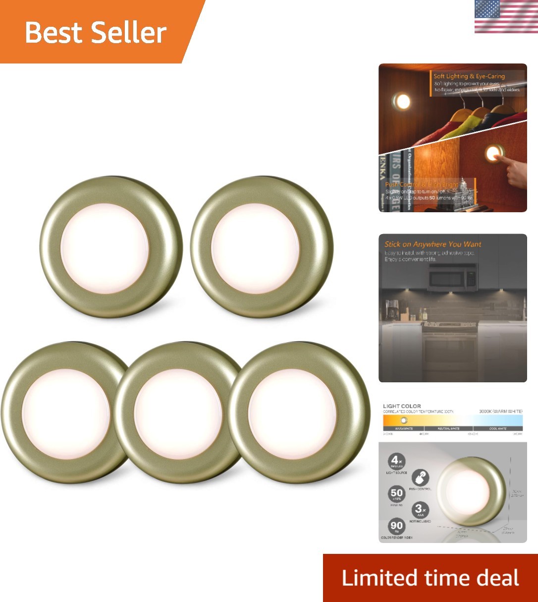 Compact Touch-Control LED Lights - 5-Pack Battery Operated for Easy Installation