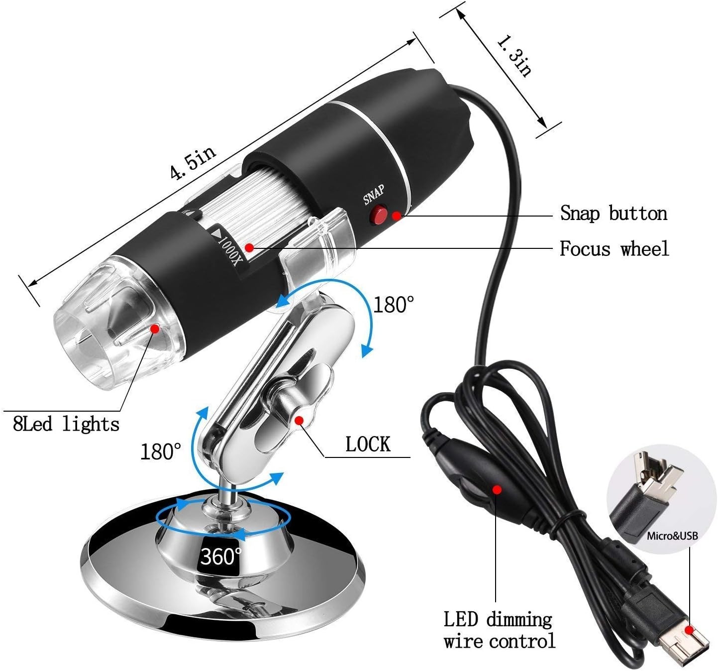 40 to 1000x Magnification Endoscope, 8 LED USB 2.0 Digital Microscope, Black