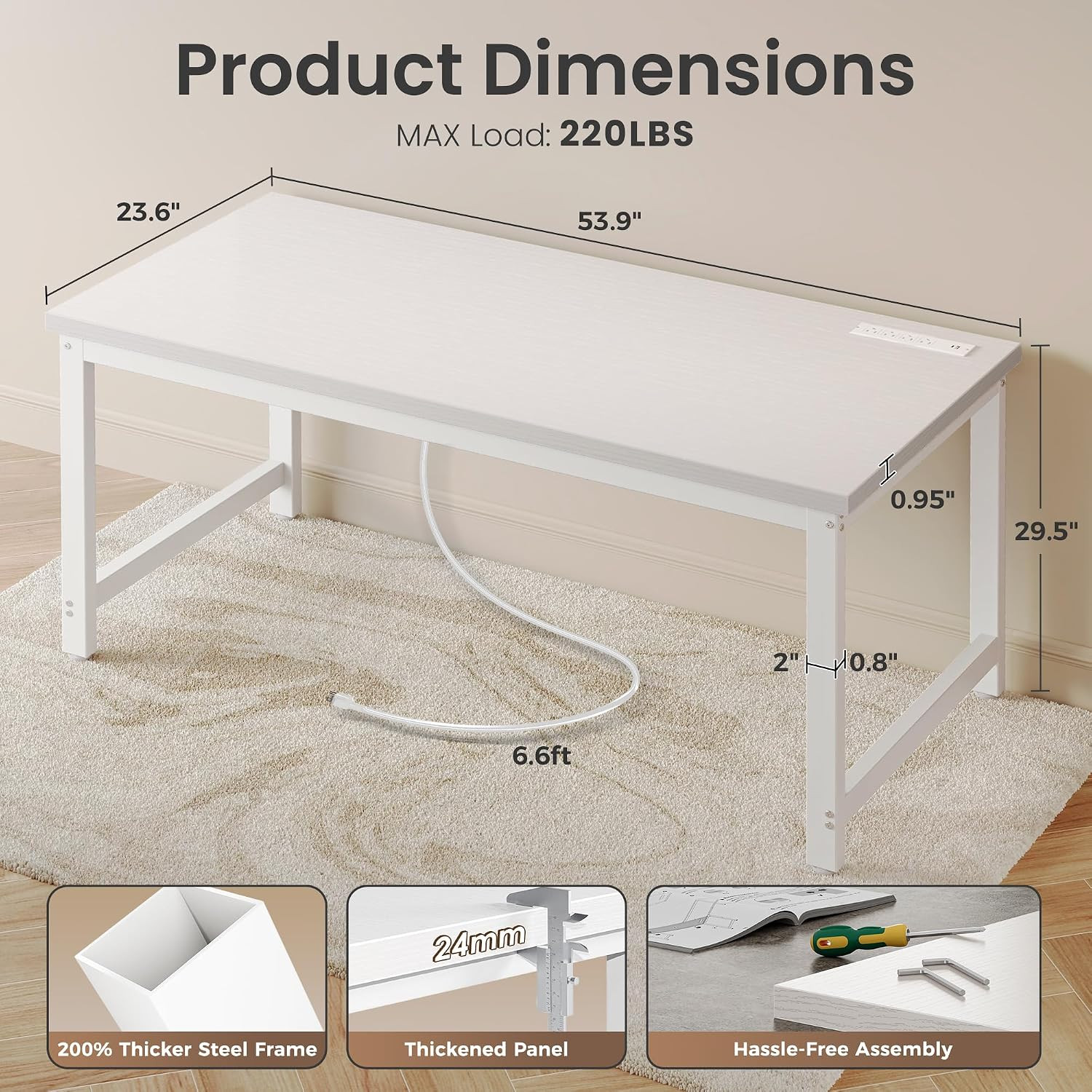 55 X 24 Inch Desk with Power Outlets & USB-C, Deeper & Thicker Desktop, Robust M