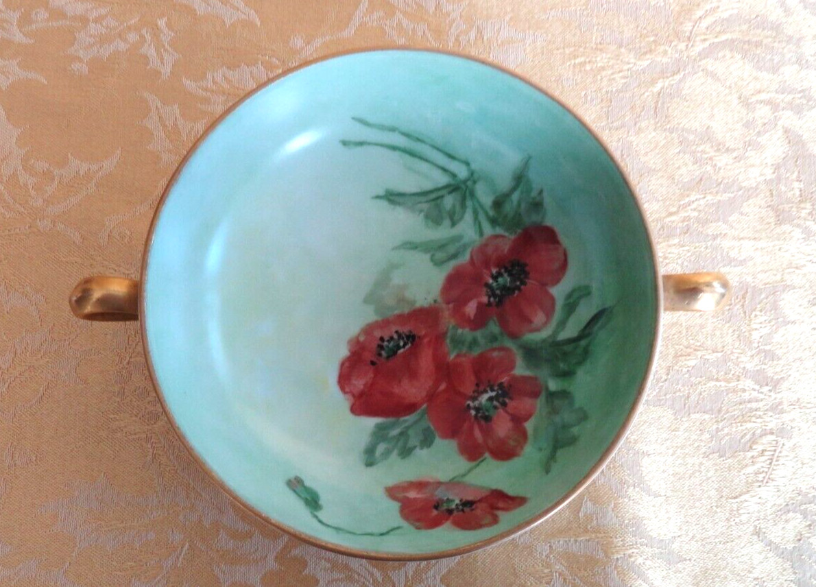 Hand Painted Handles Dish Floral & Gold Gilt Signed "LER"