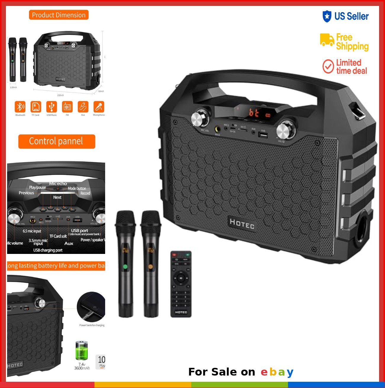 Portable Bluetooth PA Speaker System Karaoke Machine Dual Wireless Microphones