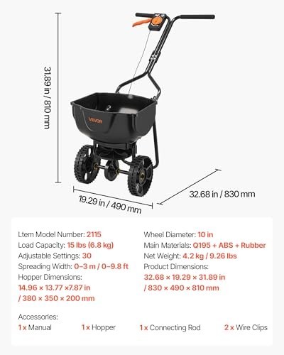 Push Broadcast Spreader 9.8ft Width, 15lbs Capacity, All-Terrain Tires, Adjustab