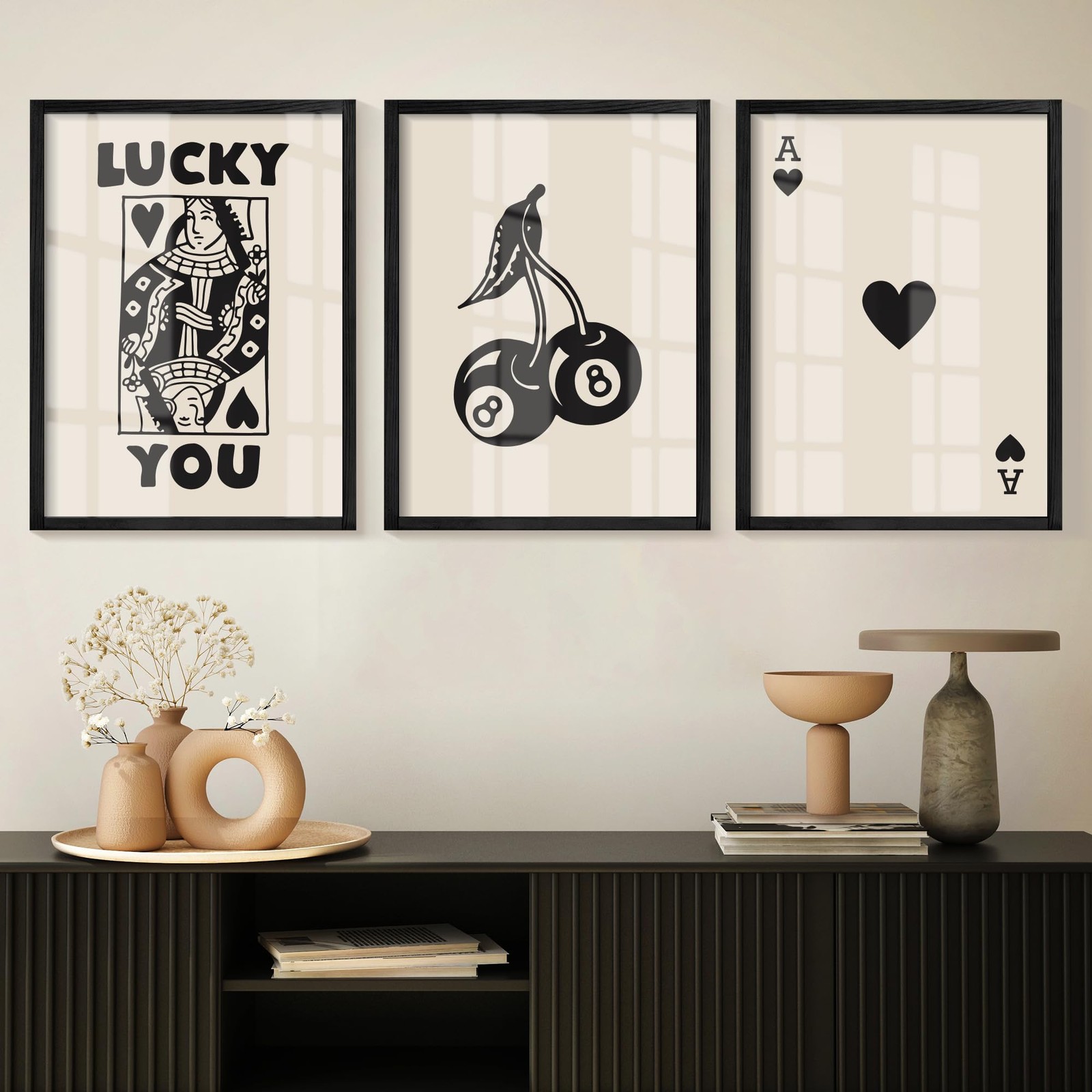 Framed Set of 3 Poker Wall Art Lucky You Poster, Trendy 12"x16", Black