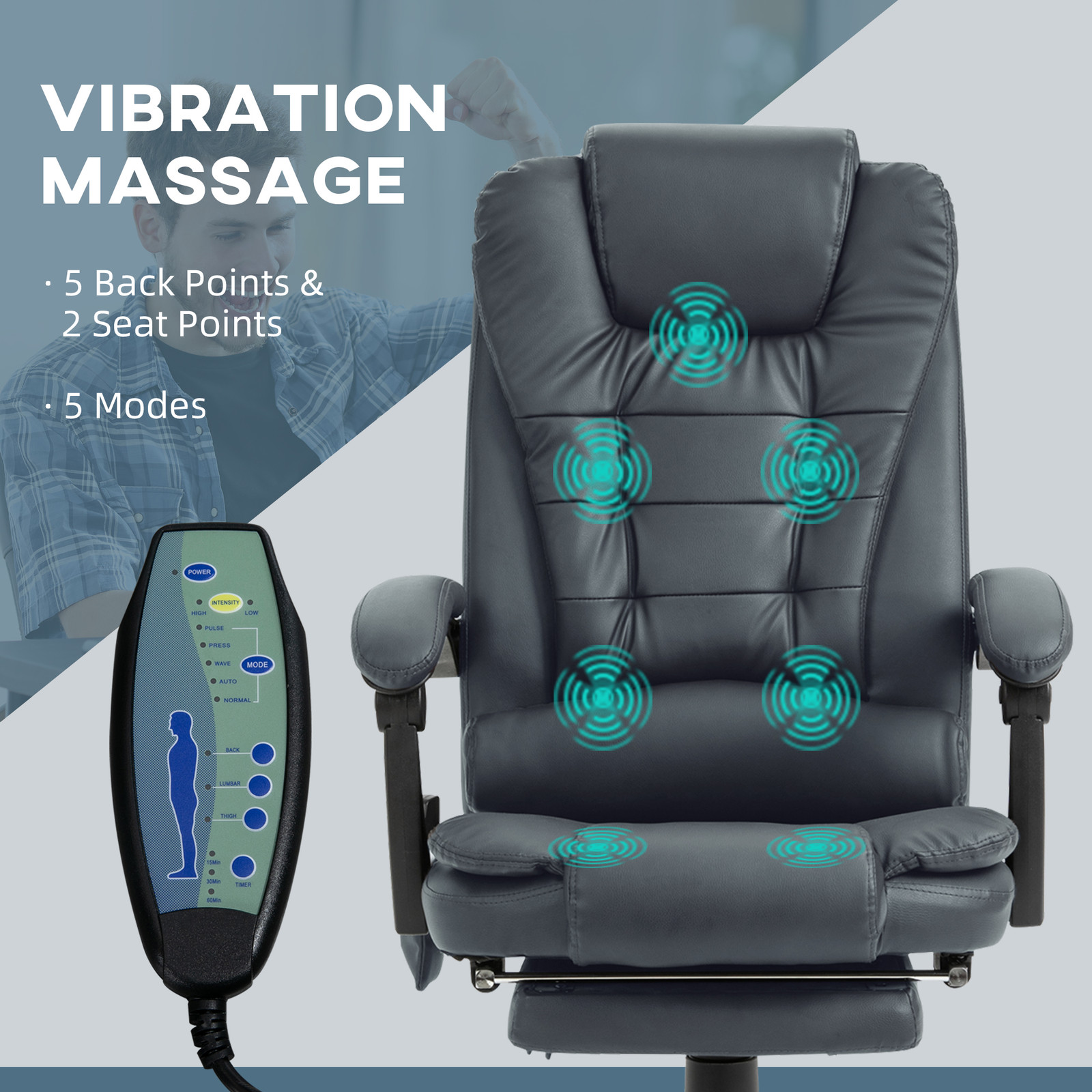PU Leather Massage Computer Chair w/ Padded Seat and Adjustable Height, Blue