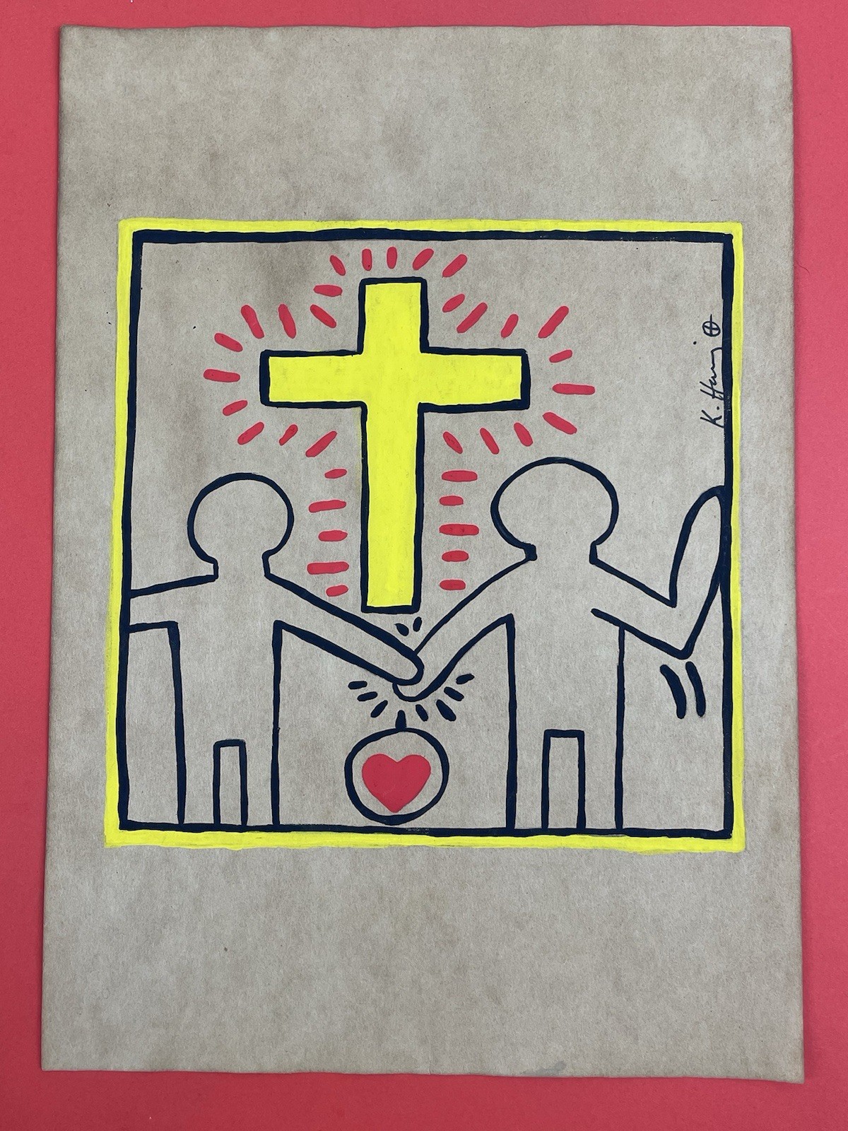 Keith Haring (Handmade) Drawing mixed media on paper signed & stamped