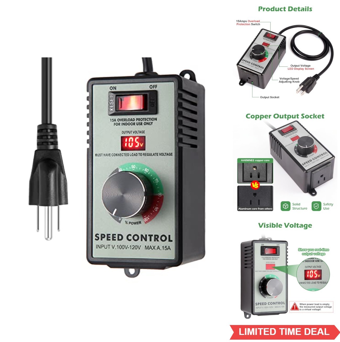 AC Motor Speed Controller 100-120V 10A 15A Max Variable Fan Speed Control with