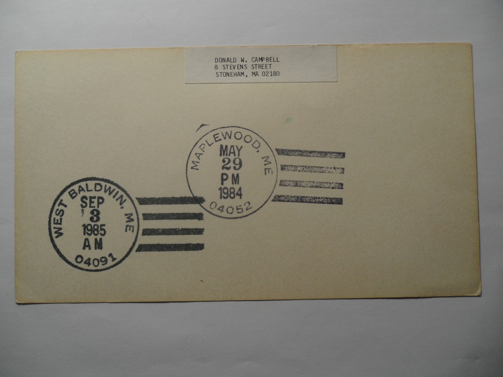 STAMPMART : USA 1994 WEST BALDWIN ME & MAPLEWOOD ME POSTMARK CARD USED TO MASS