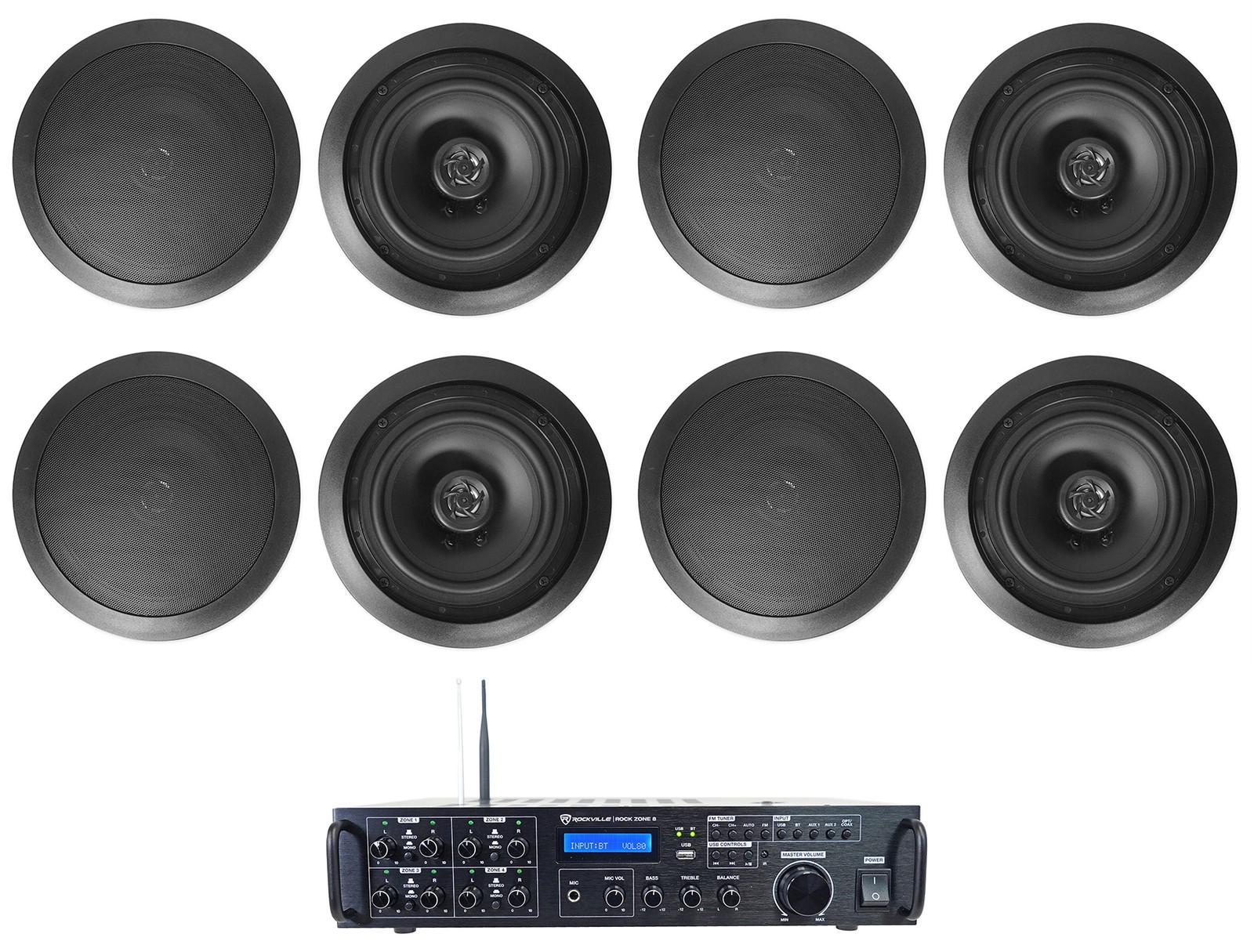 Rockville Rock Zone 8 Channel Multi Room Receiver+(8) 8" Black Ceiling Speakers