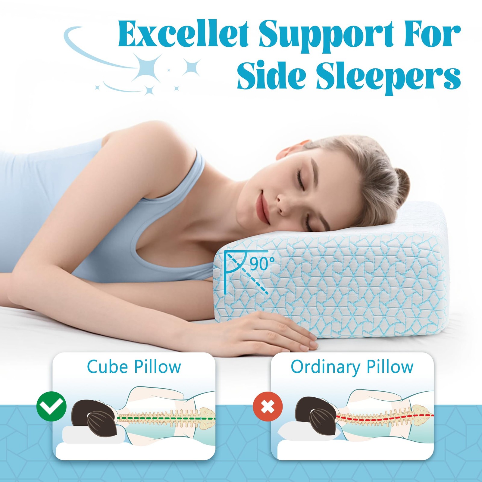 Cooling Cube Pillow for Side Sleepers, 40D High-Density Memory Foam Support H...