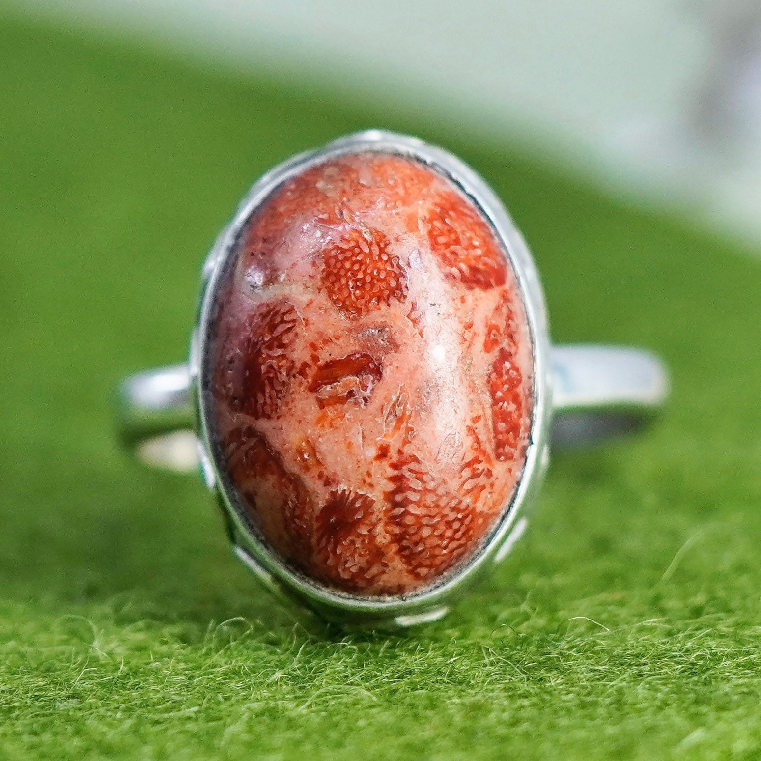 Size 8.25, vintage natives American silver handmade ring with coral inlay