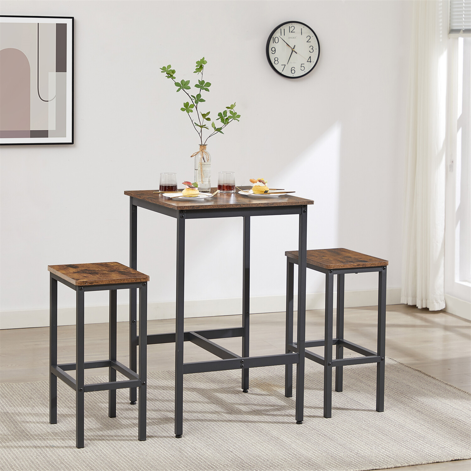 3 Piece Bar Table Set Counter Height Kitchen Dining Table w/ 2 Bar Stools US