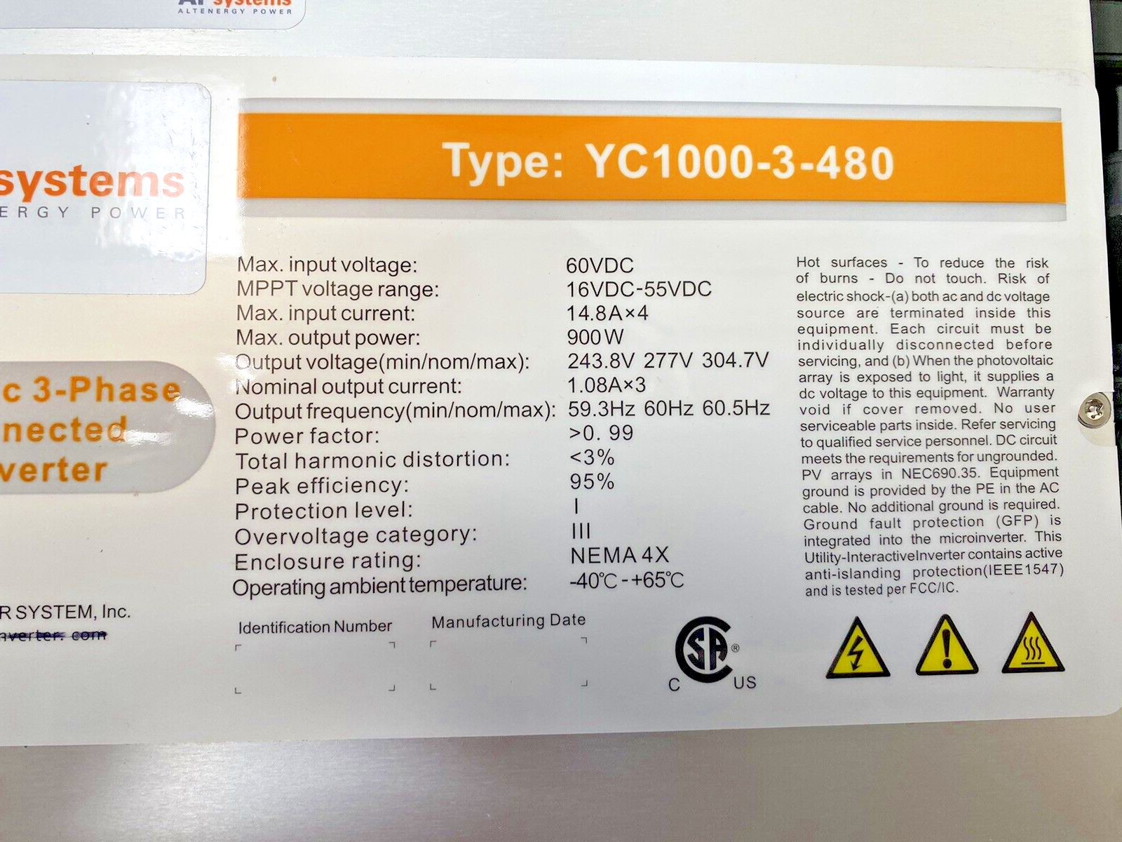 APsystems YC1000-3-480 Microinverter , 3Ph , 277Y , 480V /New