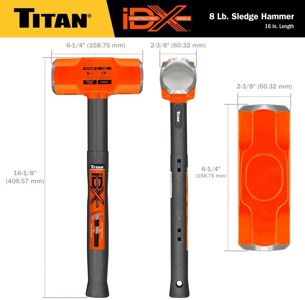 Titan iDX 63618 8lb Sledge Hammer with 16" Indestructible Handle Reinforced