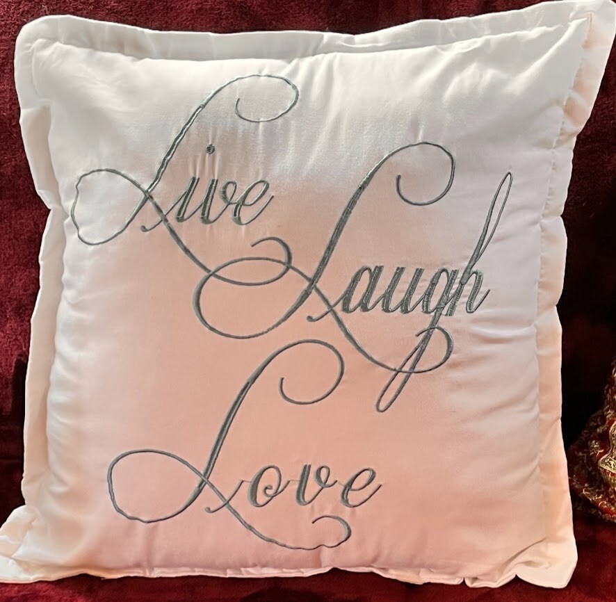 live laugh love decorative Pillow white cotton blend blue embroidery design gift