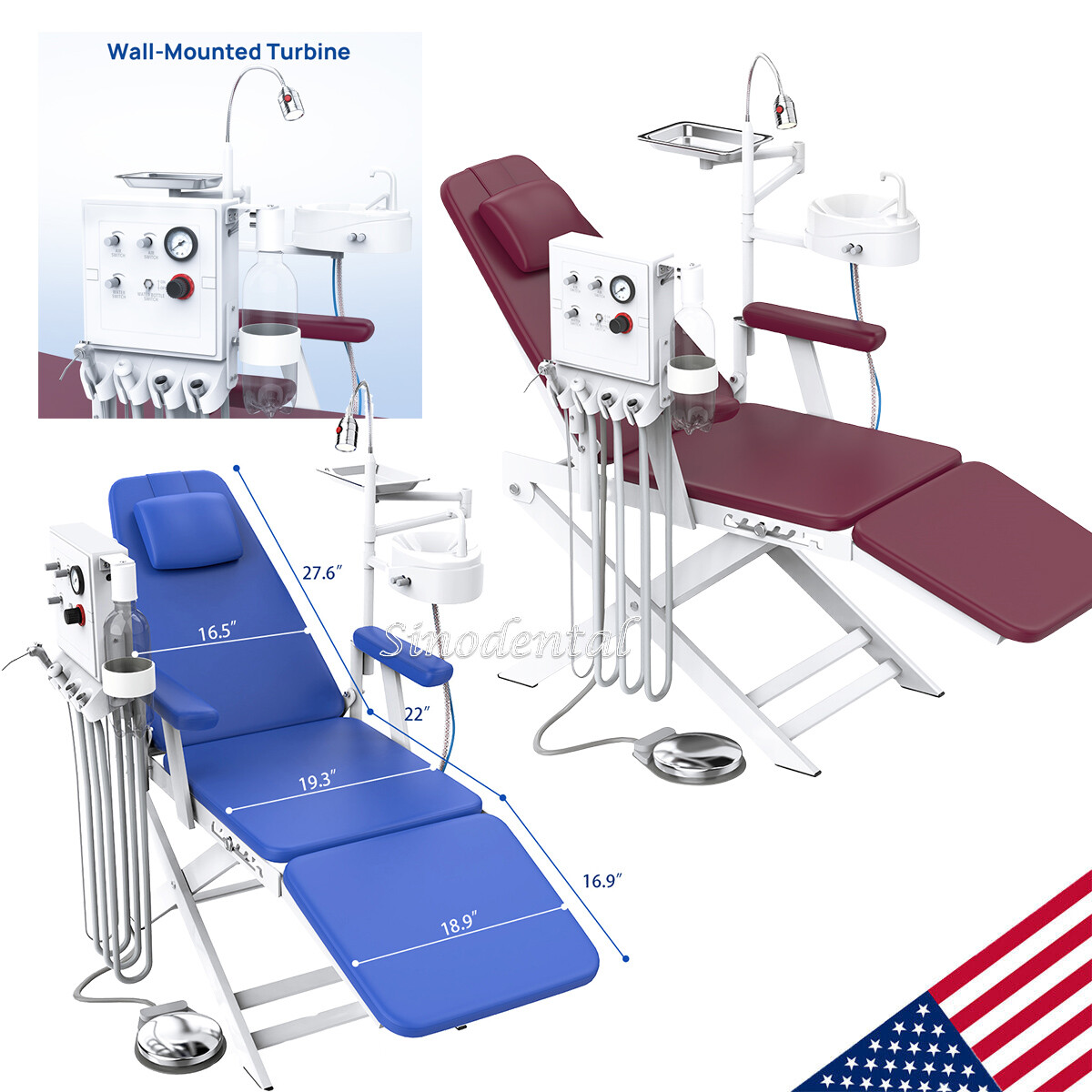 2 Colors Portable Dental Folding Chair+LED Light+Turbine Unit 4Hole