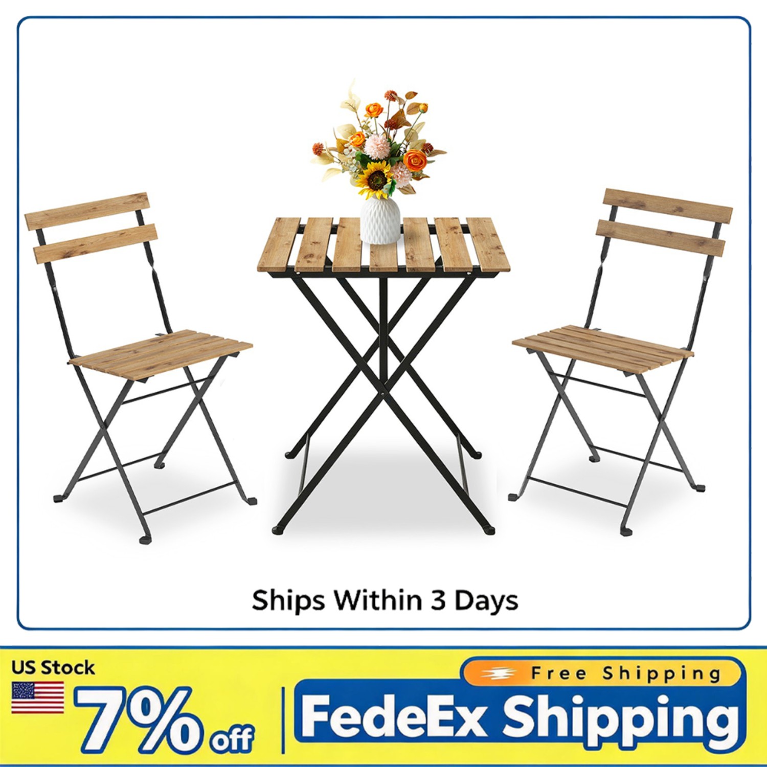 3 Pcs Folding Bistro Set Outdoor Patio Furniture, Table & 2 Chairs No Assembly