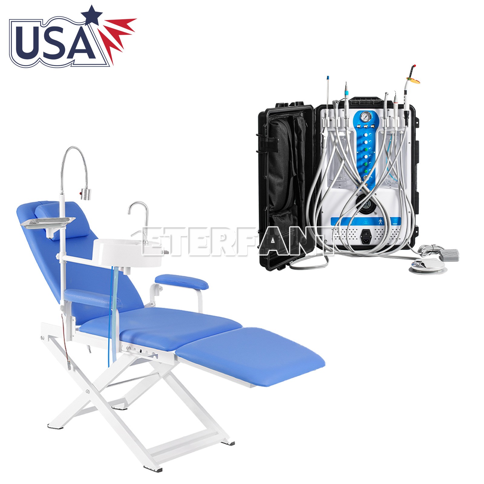 Portable Dental Unit System w/Air Compressor/Adjustable Folding Chair LED Light